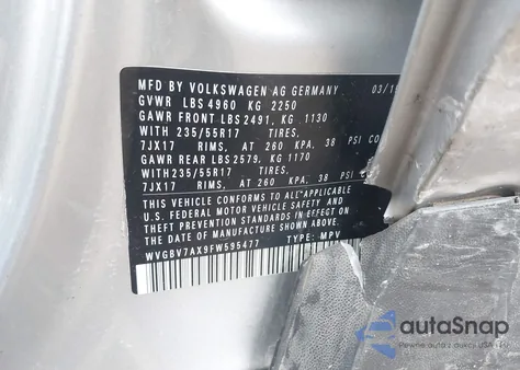 2015 Volkswagen Tiguan Se from USA, damaged, VIN WVGBV7AX9FW595477